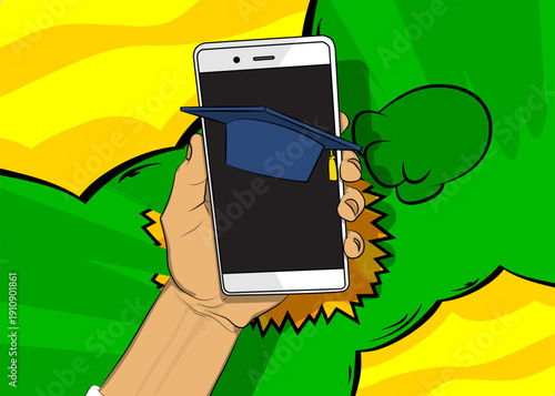 Cartoon Smartphone, comic book Telephone with Graduation Cap. Retro vector comics pop art design.