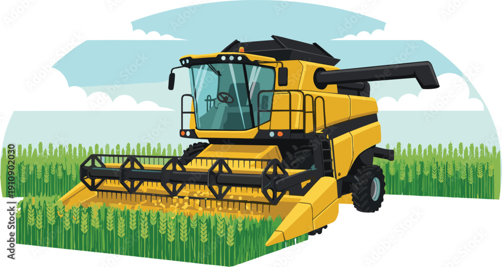 Obraz premium Modern Yellow Combine Harvester Vector Illustration Working in a Green Wheat Field for Agriculture Technology, Industrial Farming, and Food Production Graphic Designs
