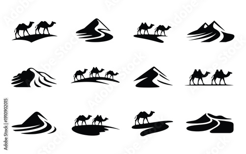 Desert landscape icons with camels and mountains in black silhouette on white background for travel and adventure themes