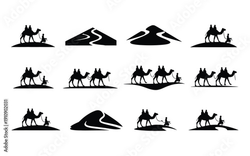 Desert travel silhouettes camels and dunes in black on white background for graphic design