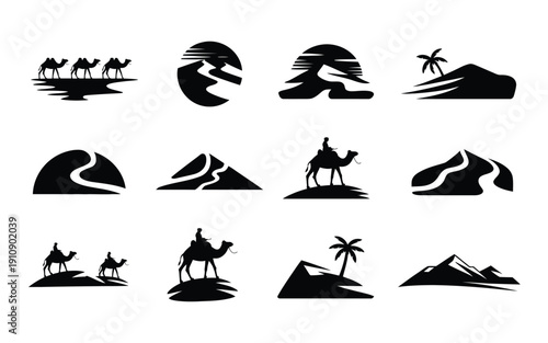 Desert landscape icons with camels sand dunes and palm trees in black silhouette on white background for travel and adventure themes