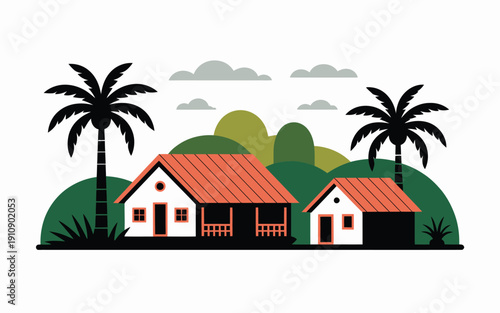 Two white houses with orange roofs in a tropical setting with palm trees and green hills