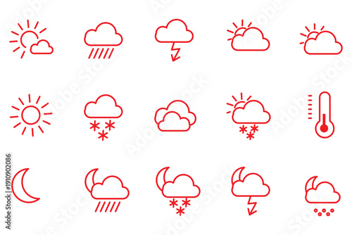 Weather icon set. Containing temperature, sun, rain, snow, cloud, humidity, cloudy, rainy season and more. Outline Icon Collection. Vector illustration. Editable stroke