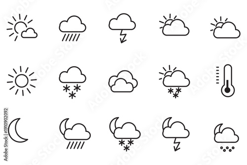 Weather icon set. Containing temperature, sun, rain, snow, cloud, humidity, cloudy, rainy season and more. Outline Icon Collection. Vector illustration. Editable stroke