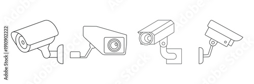 CCTV Security Camera Icon Set – Surveillance Monitoring Linear & Silhouette Vector Collection