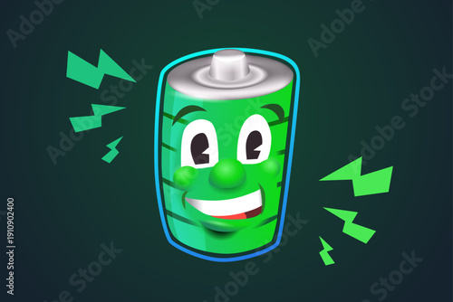 Cute cartoon battery character with happy face and lightning bolts. Green rechargeable power cell mascot isolated on dark background, energy concept illustration.