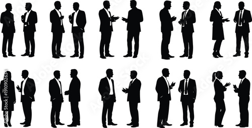 Black Business Professionals Silhouette Vector Set Featuring Men and Women in Suits Talking Networking and Socializing Isolated on White Background for Corporate Communication Design.