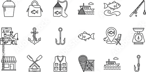 Minimal line icon set for fishing, seafood market, maritime industry, boating, angling, water transport, and coastal business concepts