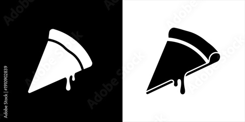 Pizza slice icon with dripping cheese in black and white
