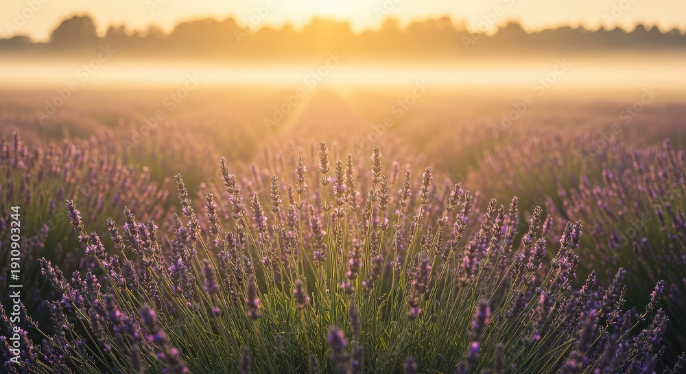 Fototapeta premium Hazy field of fragrant lavender flowers bathed in soft, dreamy, golden hour sunlight, creating a peaceful and warm atmosphere ,natural ,summer ,aromatic