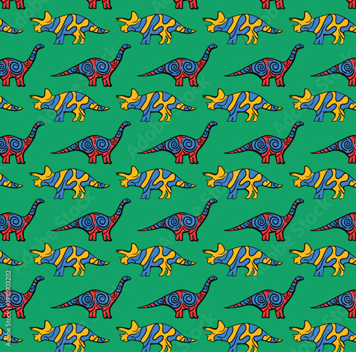 Brontosaurus and triceratops dinosaurs repeat pattern design in vector for seamless fabric, textile and surface design