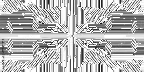 A seamless black and white abstract background features a digital circuit board design with a tech pattern illustration of a computer motherboard chip and electronic data lines for a modern science co