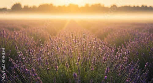 Hazy field of fragrant lavender flowers bathed in soft, dreamy, golden hour sunlight, creating a peaceful and warm atmosphere ,natural ,summer ,aromatic