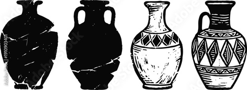 ancient ceramic vases with decorative patterns and traditional pottery shapes