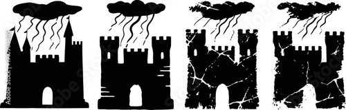 silhouettes of medieval castles under storm clouds with rain and lightning striking