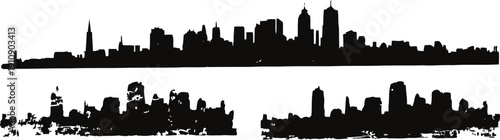 Silhouettes of urban city skylines with skyscrapers, buildings, and towers in black isolated on white background