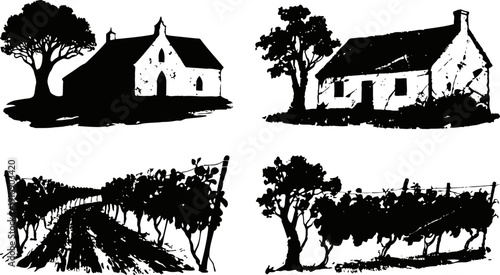 rustic country houses and vineyard silhouettes traditional rural homes and grapevine rows in black ink