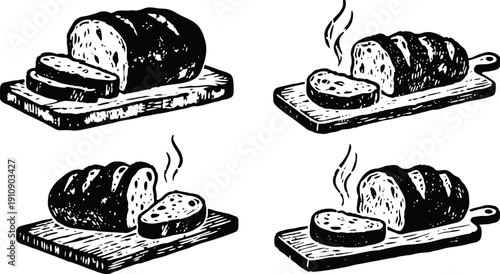 Freshly baked bread loaves with steam on wooden cutting boards, sliced bread illustration