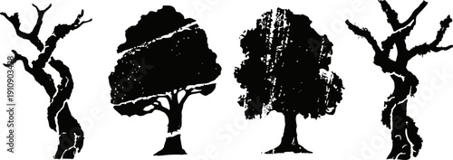 four black tree silhouettes with varied shapes and branches on white background