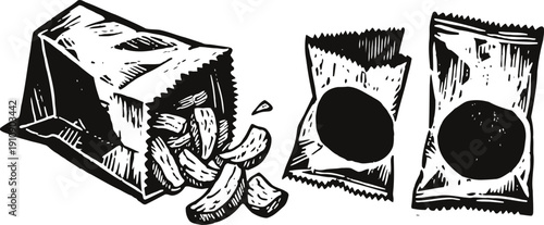 Illustration of opened and closed snack bags with chips spilling out in black and white