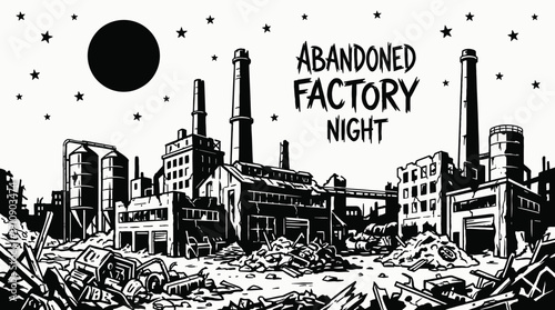 night abandoned factory landscape with bright moon and visible black and white vector stars over industrial skyline horizon showing celestial astronomy galaxy environment