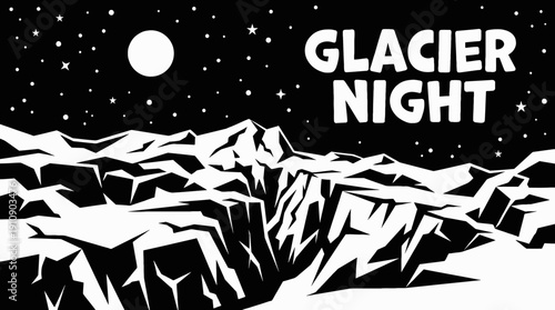 night glacier landscape with bright moon and visible stars across dark polar sky above icy horizon showing celestial astronomy galaxy environment