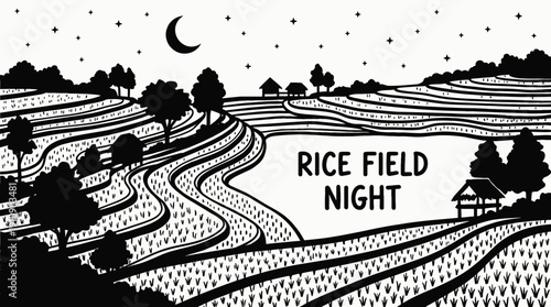 night rice field landscape black and white with vector crescent moon and scattered stars across dark rural sky above agricultural horizon showing celestial astronomy galaxy environment