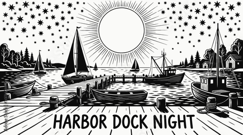 night harbor dock landscape black and white with full moon and star filled sky above quiet boats along dark water horizon showing celestial astronomy galaxy environment
