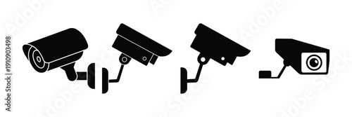 CCTV Security Camera Icon Set – Surveillance Monitoring Linear & Silhouette Vector Collection