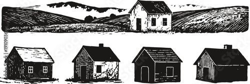 rustic farmhouse and countryside landscape black woodcut illustrations