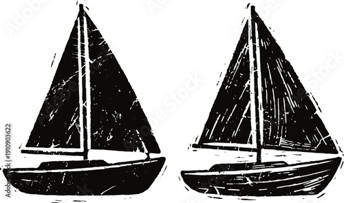 Two vintage sailboat silhouettes classic nautical marine vessels with sails, simple black and white boat illustrations