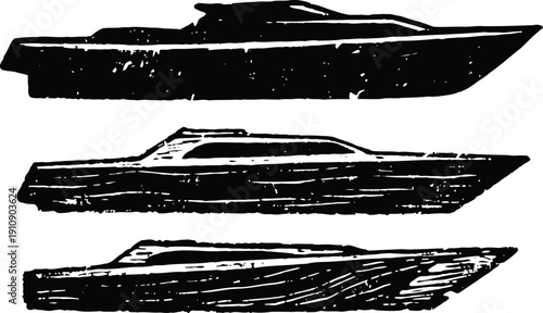 Three vintage luxury yachts side view silhouettes with classic streamlined designs