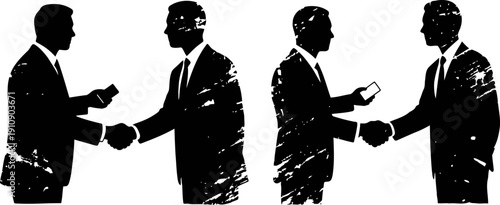 Businessmen in suits shaking hands, partnership agreement and professional greeting silhouette