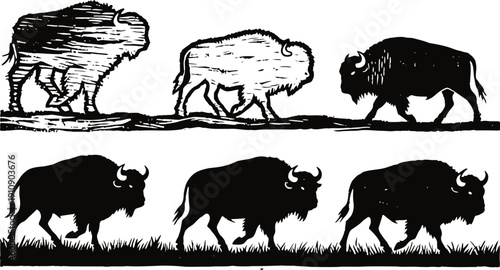buffalo silhouettes in different walking poses black and white animal illustrations with natural habitat elements
