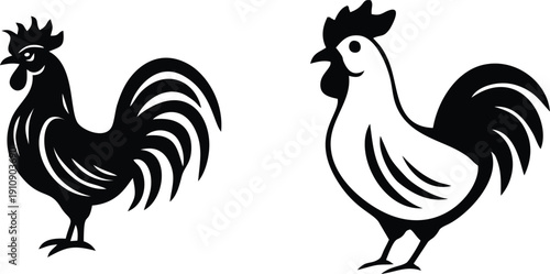 Two rooster silhouettes in black solid and outline brush style