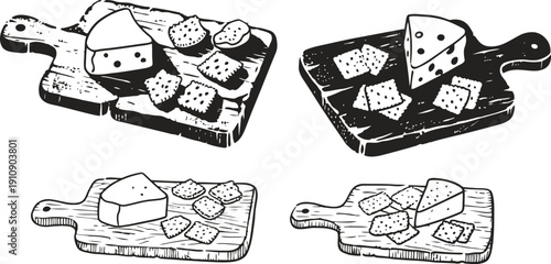 Hand drawn cheese and cracker sets on wooden cutting boards with various slices and pieces