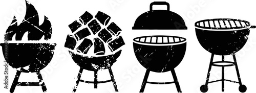 Grill barbecue silhouettes set outdoor cooking equipment with flames, charcoal, and grill shapes
