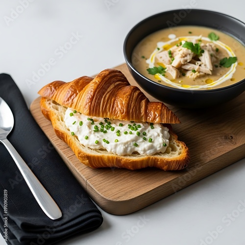 Delicious chicken soup and a croissant sandwich on wooden board