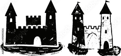 Old black and white castle sketches with towers and battlements on white background