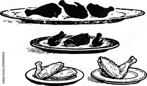 Roasted chicken pieces served on plates, various cooked poultry cuts for meal