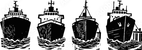 Four black silhouettes of ships on water, front view of vessels with waves and pier detail