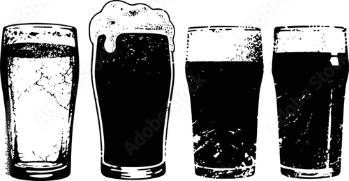 Four glasses of beer with varying foam levels and textures in a row silhouette