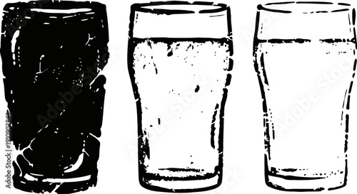 Three empty drinking glasses silhouette in black and white with textured grunge effect