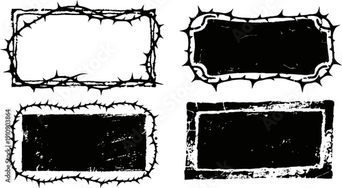 Set of four grunge rectangular frames with thorny barbed wire borders in black and white
