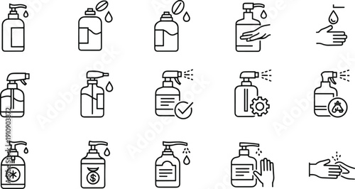 Hand Sanitizer and Hygiene Care Icon Set - Liquid Soap, Spray, and Disinfection Symbols