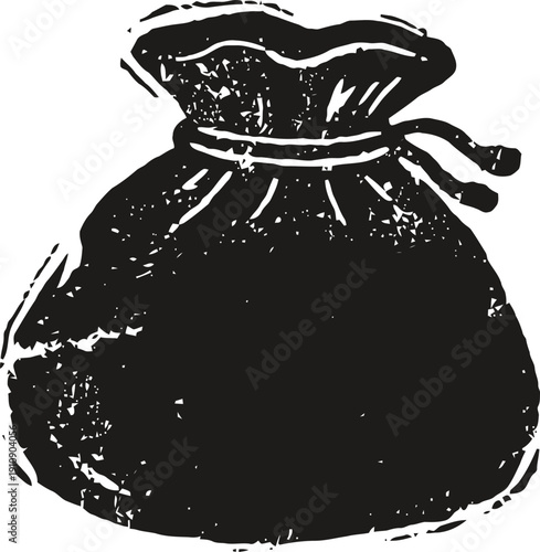Drawstring pouch bag silhouette with textured vintage grunge effect