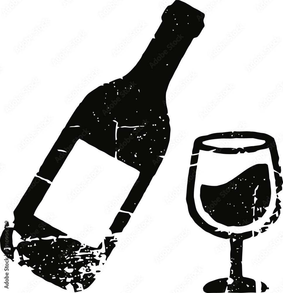 Obraz premium Wine bottle and filled glass with textured vintage effect isolated on white background