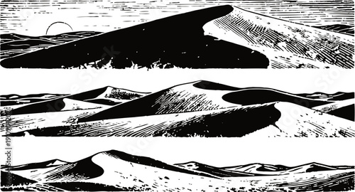 black and white sand dunes landscape with hills and setting sun illustration