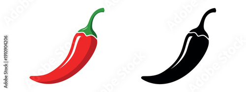 Hot chili pepper icons in red flat color and black silhouette. Bold spicy food symbol for Mexican cuisine and restaurant branding.