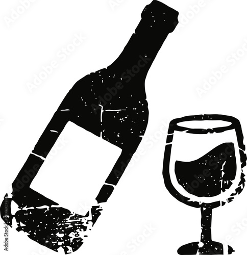 Wine bottle and filled glass with textured vintage effect isolated on white background